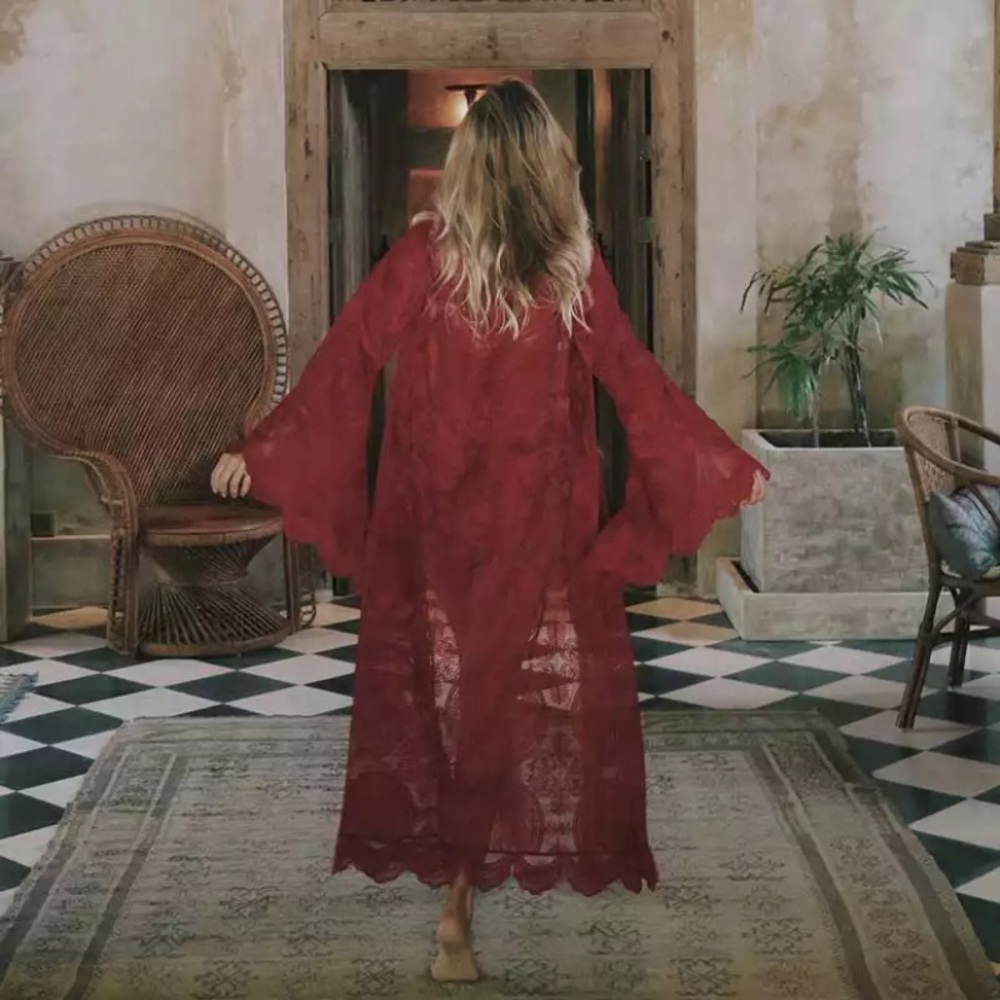 SOLD OUT Boho Burgundy Scalloped Crochet Lace Duster Wrap - Picture 3 of 5